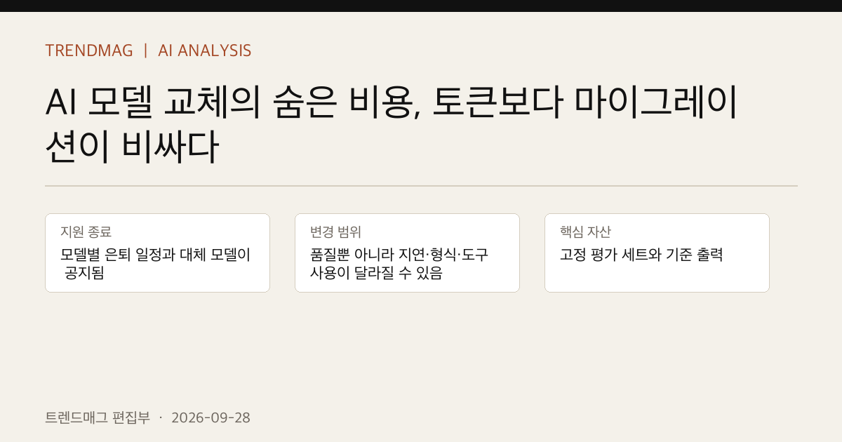 AI 모델 교체의 숨은 비용, 토큰보다 마이그레이션이 비싸다 핵심 사실 표지