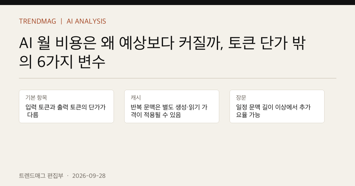 AI 월 비용은 왜 예상보다 커질까, 토큰 단가 밖의 6가지 변수 핵심 사실 표지